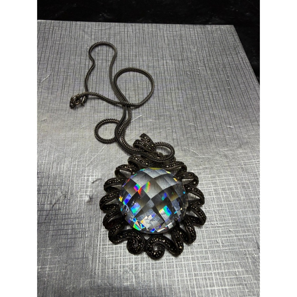 Vintage PK Sterling Silver 925 Snake Chain Studded Crystal Pendant Necklace